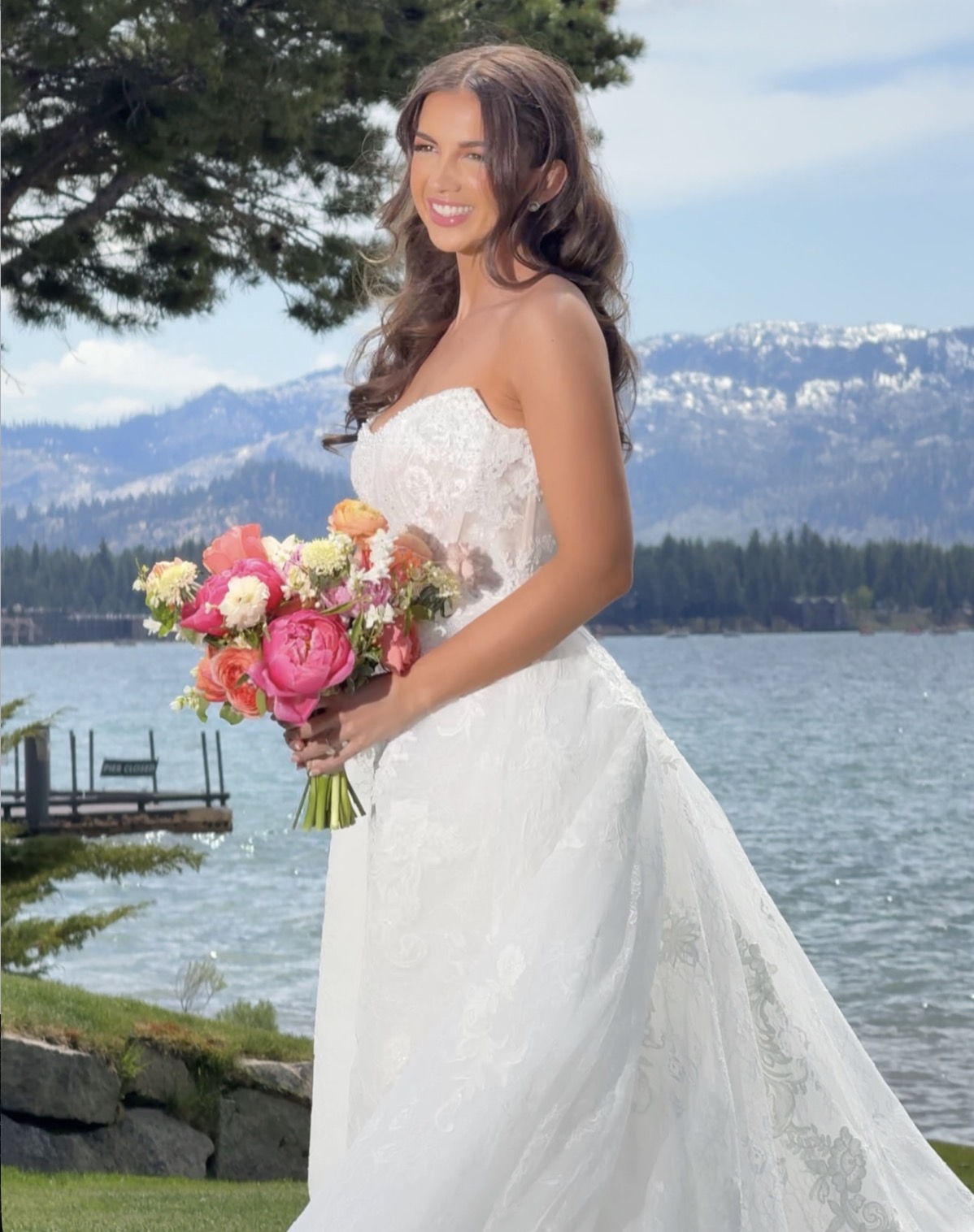 Bride at a Lake Tahoe wedding with romantic soft glam bridal makeup